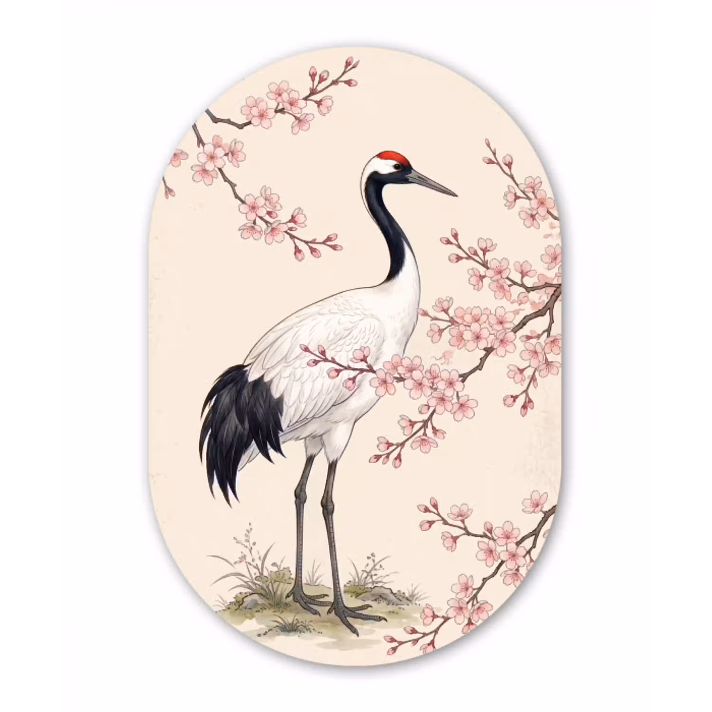 Aziatisch - Kraanvogel - Beige Wandcirkel Ovaal Aluminium middel -3d