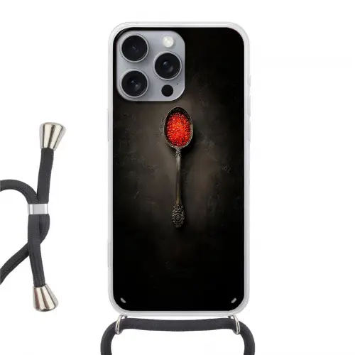 Zwart - Lepel - Caviar Hoesje iPhone 16 Pro Max met koord klein -3d