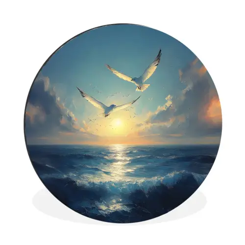 Meeuwen - Zee - Wolken -Blauw Wandcirkel aluminium klein -3d