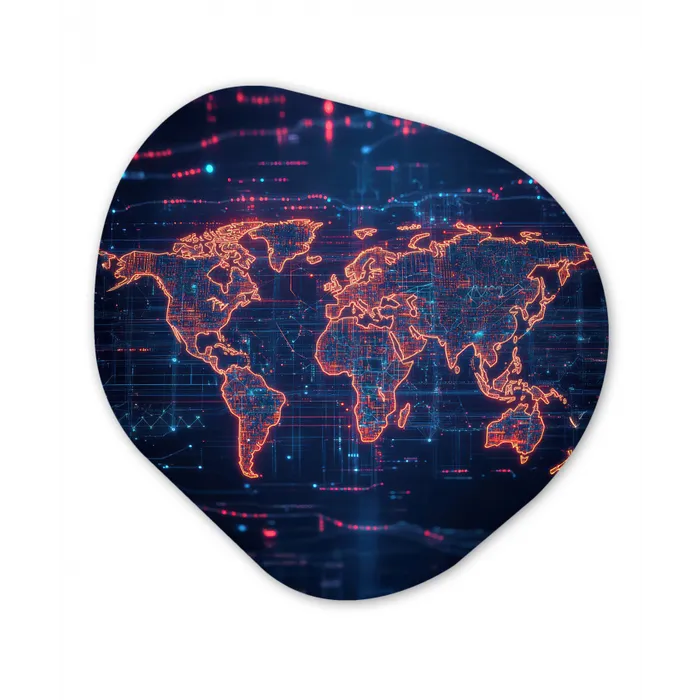 Wereldkaart - Futuristisch - Oranje Wandcirkel Organisch Plexiglas middel -3d