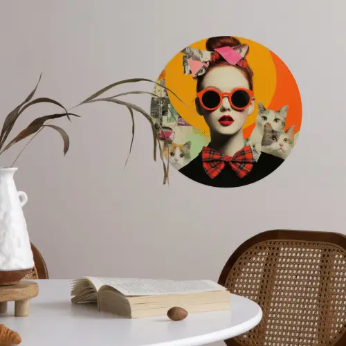 Vrouw - Bril - Strik - Retro Wandcirkel behangsticker klein -sfeer3