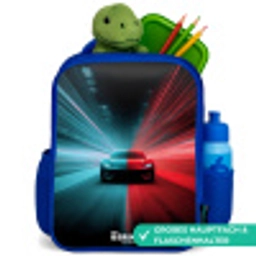 Sportwagen - Lichtstralen - Neon - Blauw Kinderrugzak - Blauw middel -inhoud_DE