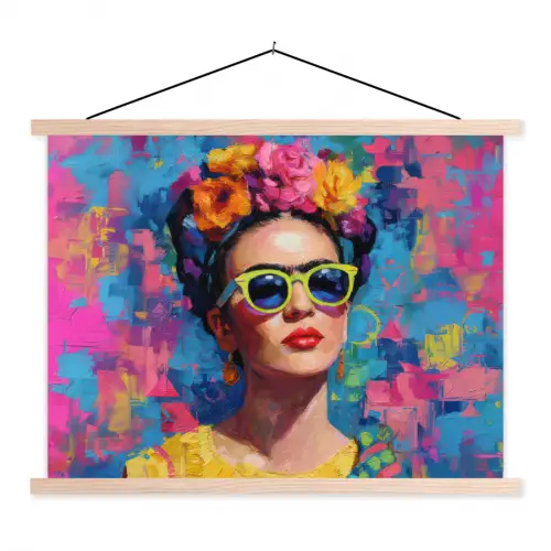 Vrolijk portret - Vrouw - Bloemenkroon textielposter latten blank klein -3d