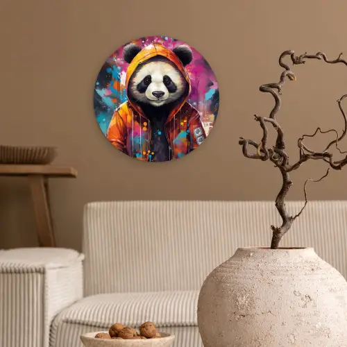Panda - Jas - Graffiti - Oranje Wandcirkel kunststof plaat 5mm dik klein -sfeer1
