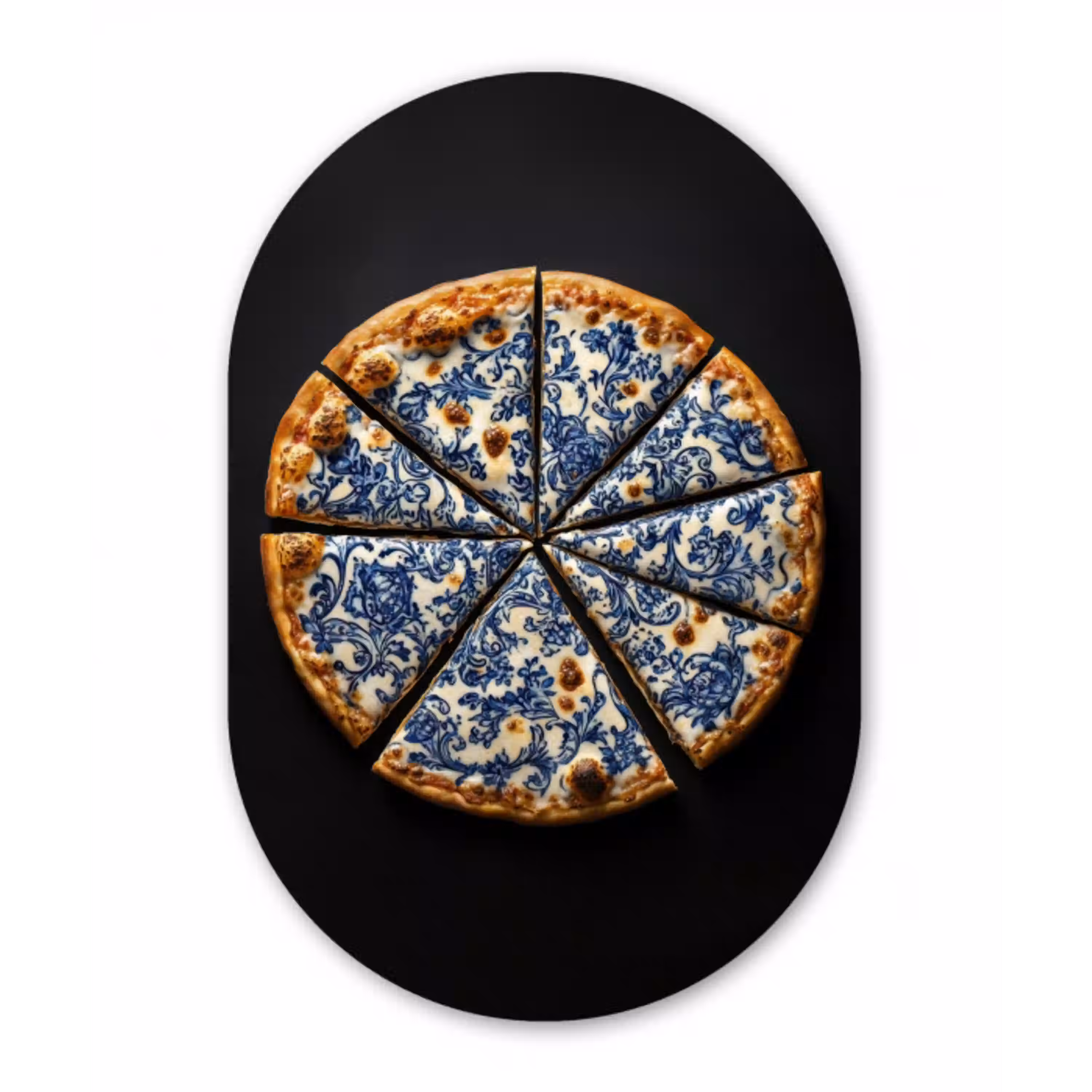 Pizza - Eten - Delftsblauw Wandcirkel Ovaal Glas middel -3d