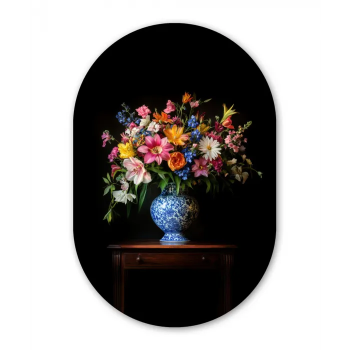 Kleur - Vaas - Bloemen - Boeket Wandcirkel Ovaal Forex klein -3d
