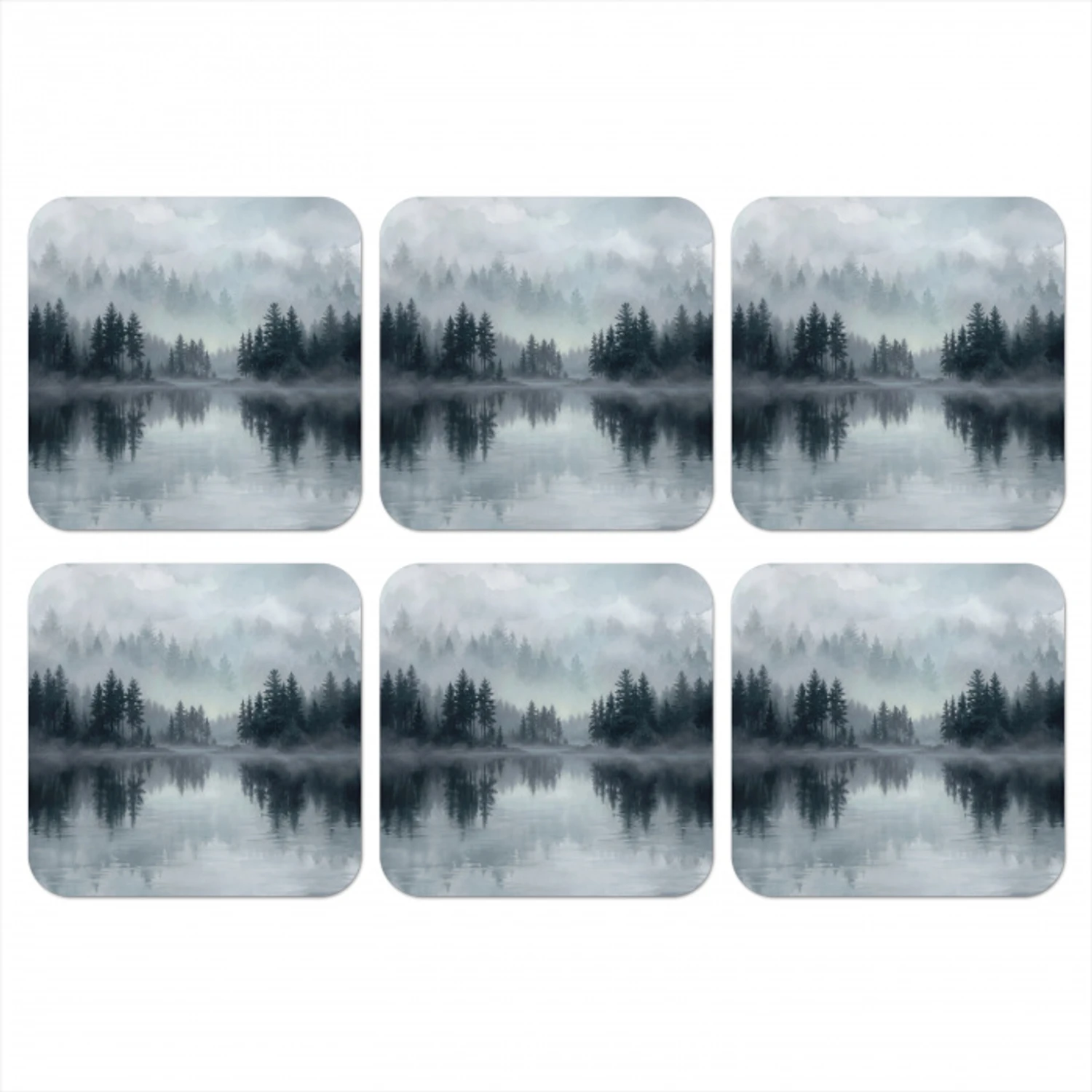 Bos - Meer - Mist - Natuur - Grijs onderzetter kurk middel -3d
