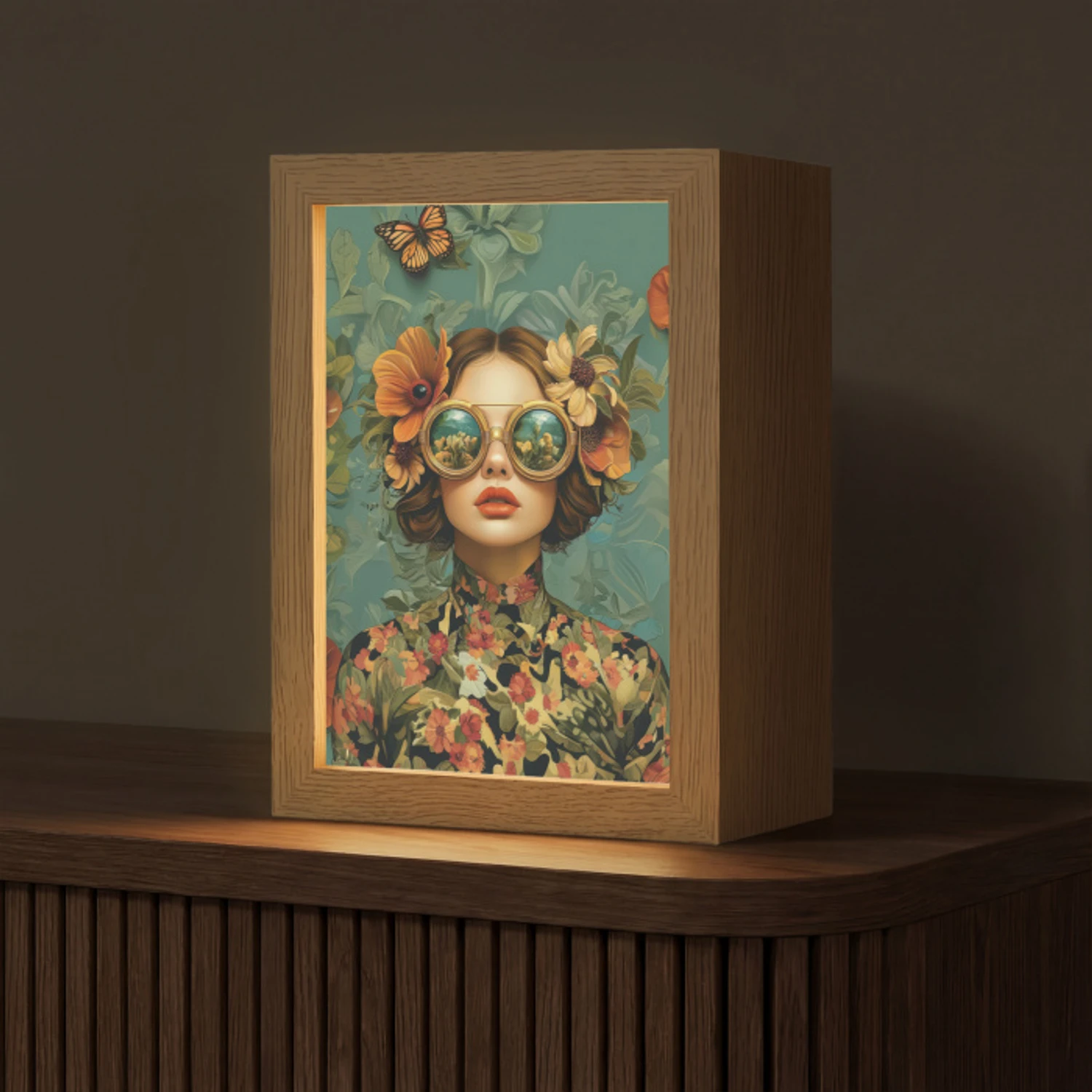 Vrouw - Bloemen - Vlinders - Natuur - Vintage Light Box met kabel (Tafellamp) klein -z3d_website