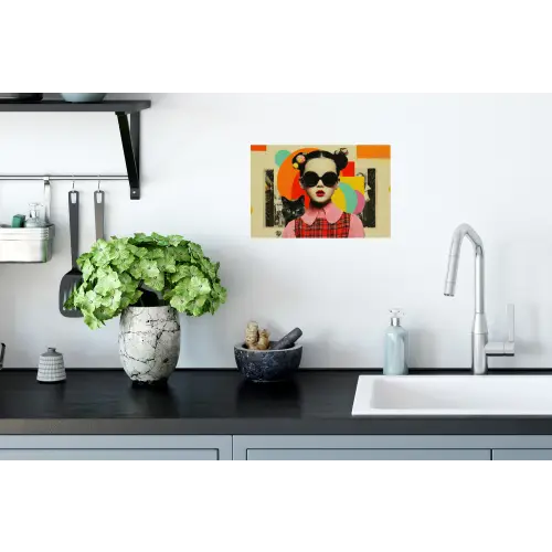 Meisje - Zonnebril - Kat - Retro Muursticker klein -keuken