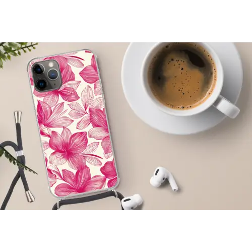 Bloemen - Patroon - Roze - Wit Hoesje iPhone 12 Pro met koord klein -oordop