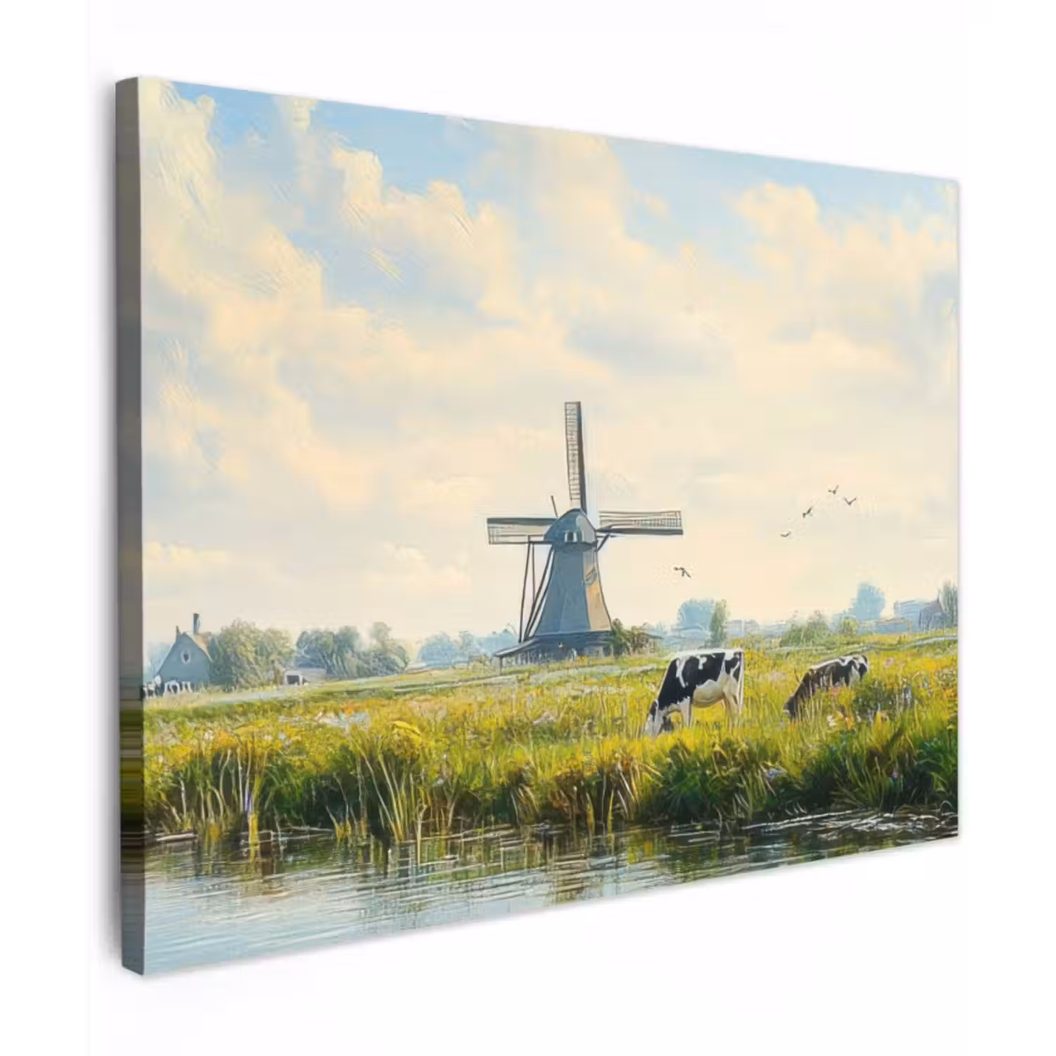 Canvas schilderij - Koeien - Windmolen - Weide - Blauw