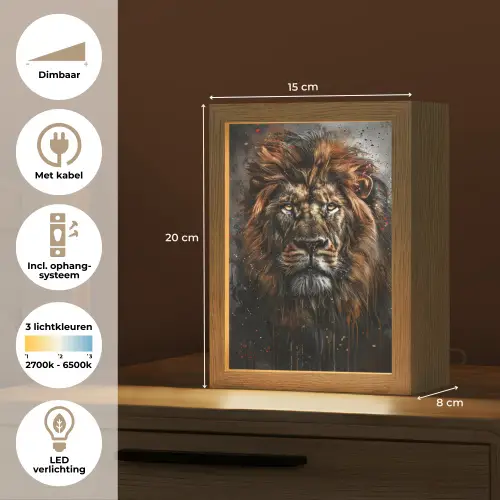 Leeuw - Dieren - Portret - Zwart - Luxe Light Box met kabel (Tafellamp) klein -USP_NL