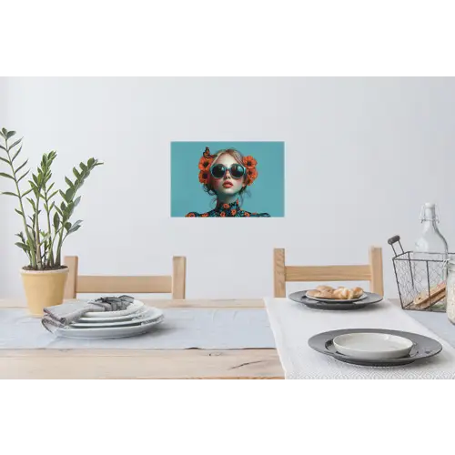 Vrouw - Blauw - Vlinder - Bloemen - Aesthetic Muursticker klein -eettafel