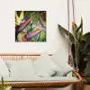 Kleurrijke vogel tussen allemaal kleurrijke platen tuinposter los doek klein -sfeer7