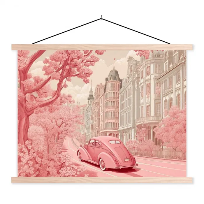 City - Car - Pink textielposter latten blank klein -3d