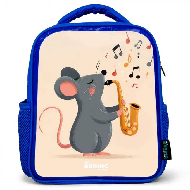 Muis - Saxofoon - Muziek Kinderrugzak - Blauw middel -3d