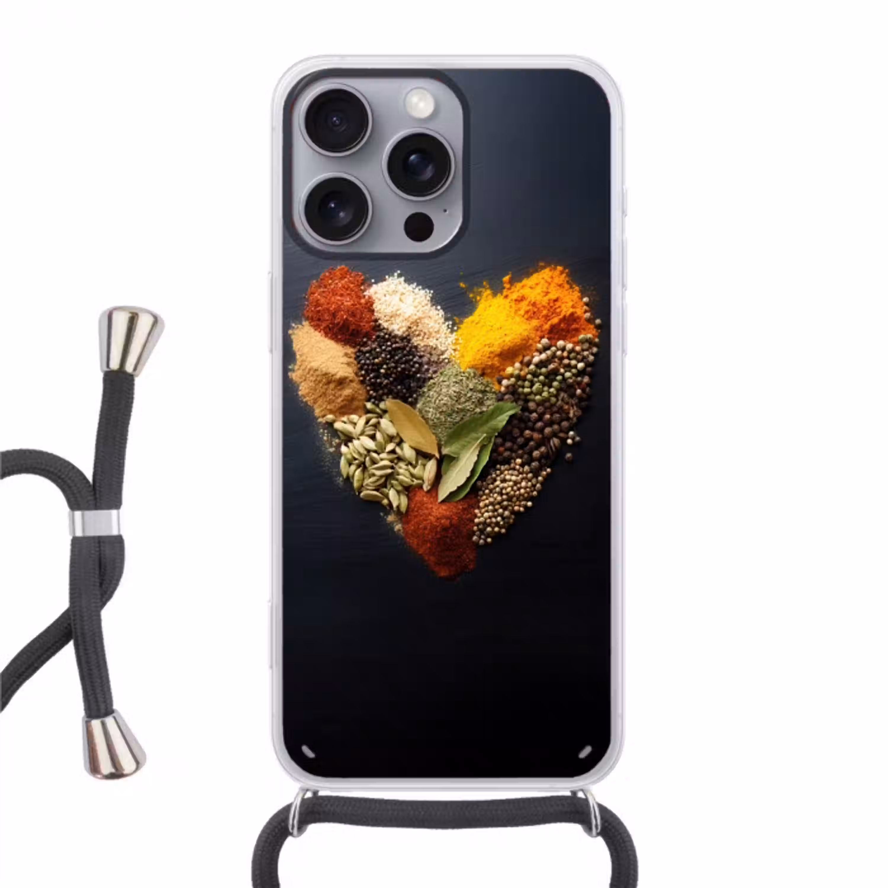 Specerijen - Mix - Hartvorm - Zwart Hoesje iPhone 16 Pro Max met koord klein -3d