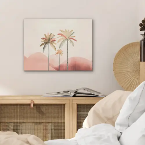 Palmbomen - Heuvels - Minimalistisch - Zachtroze PET vilt klein -sfeer3