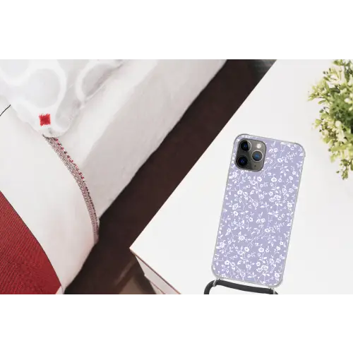 Bloemenpatroon - Paars - Wit - Bloemen Hoesje iPhone 12 Pro met koord klein -kamer