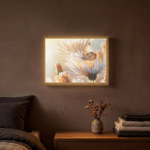 Vlinder - Bloem - Oranje Light Box met batterij (Wandlamp) middel -sfeer4