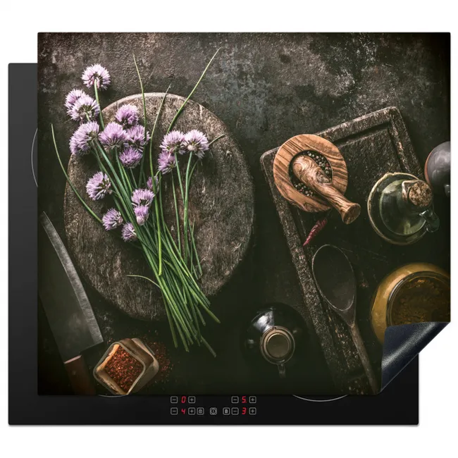 Inductie beschermer - Bieslook Bloesem en Antieke Keukenwaren