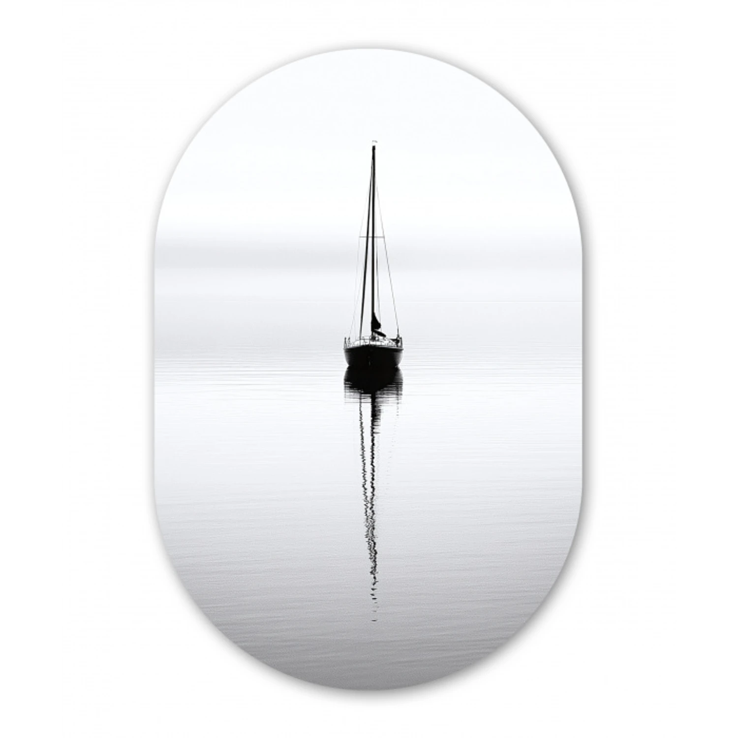Zeilboot - Zwart - Water - Silhouet Wandcirkel Ovaal Aluminium middel -3d