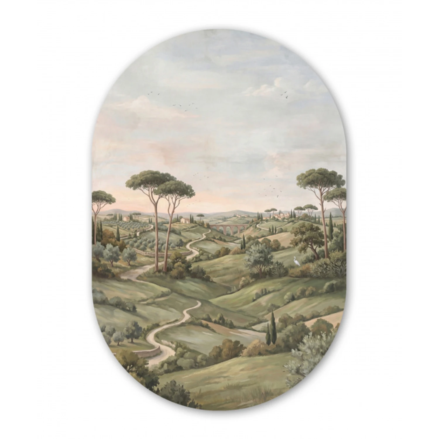 Landschap - Heuvels - Zandpad - Groen Wandcirkel Ovaal Aluminium middel -3d