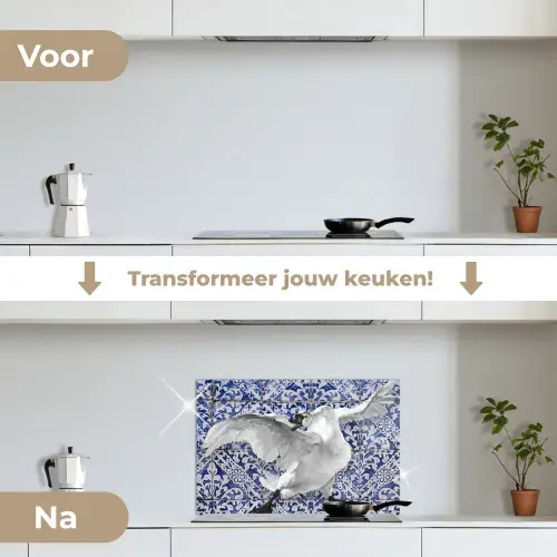 Zwaan - Kunst - Delfts blauw - Schilderij - Oude meesters keuken achterwand spatscherm klein -voor_na_NL