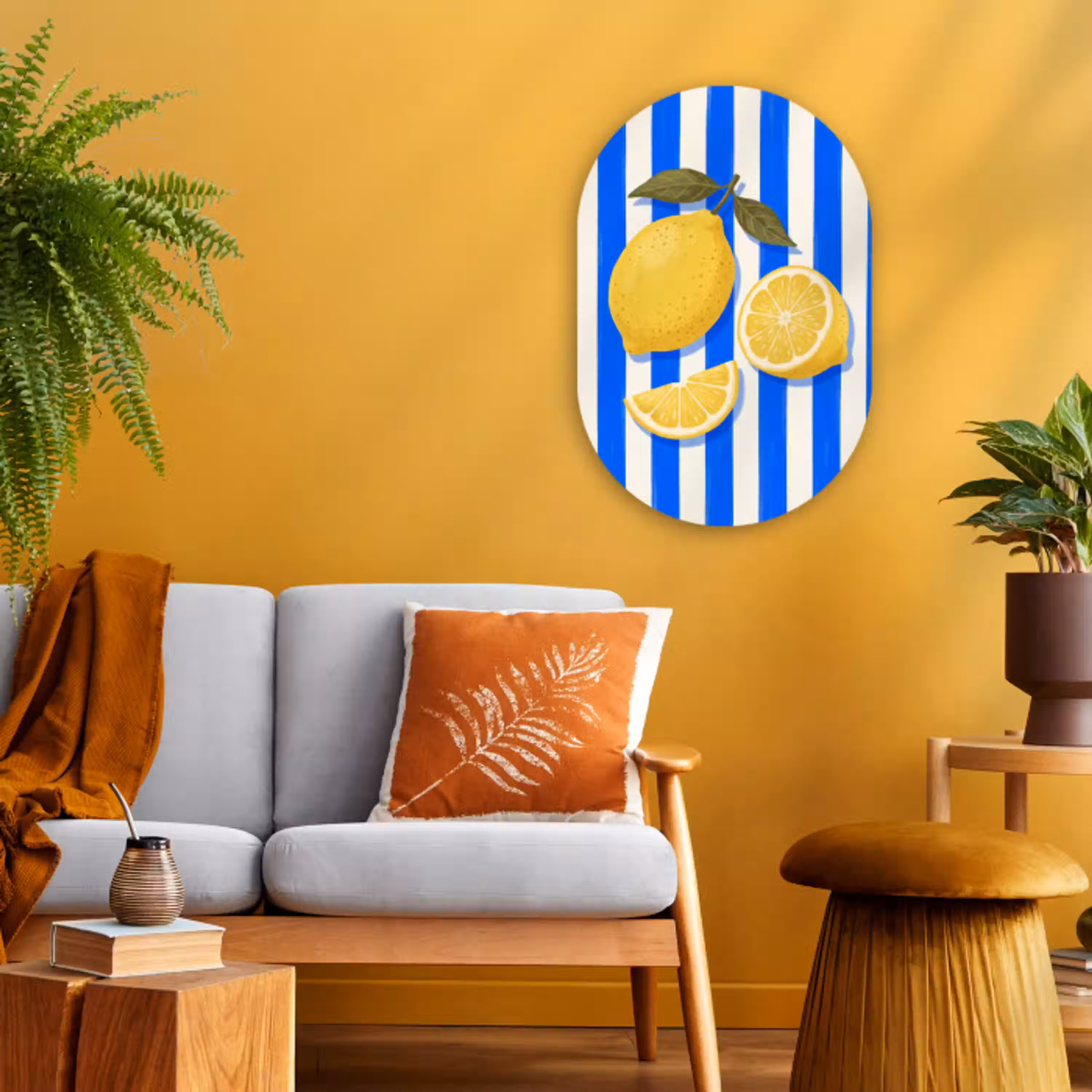 Fruit - Citroen - Zomer - Geel - Blauw Wandcirkel Ovaal Forex klein -sfeer4
