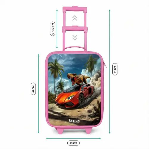 Rode sportauto met dino raast door tropisch strand Kinderkoffer - Roze klein -productfoto_formaten