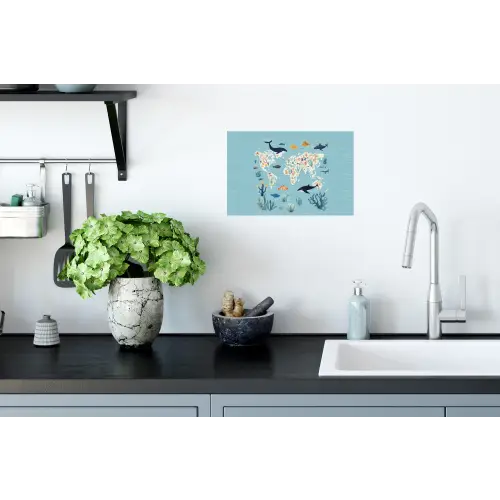 Wereldkaart - Zeeleven - Blauw Muursticker klein -keuken