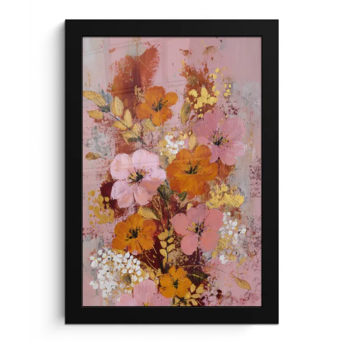 Schilderij - Bloemen - Rustiek - Roze fotolijst zwart zonder passe partout klein -3d