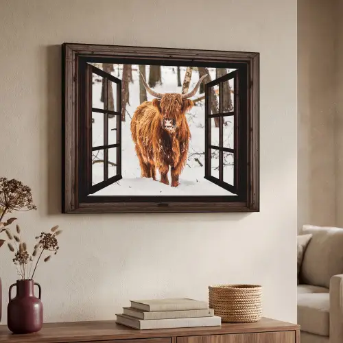 Schotse Hooglander - Sneeuw - Natuur - Dieren - Doorkijk - Winter Textielframe zwart klein -sfeer3