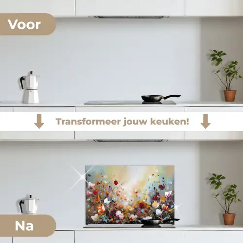 Olieverf - Bloemen - Kleurrijk - Natuur keuken achterwand spatscherm klein -voor_na_NL