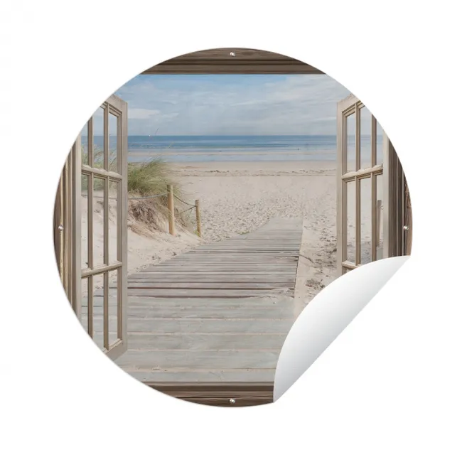 Doorkijk - Strand - Duinen - Pad - Landschap Wandcirkel tuinposter met ringen klein -3d