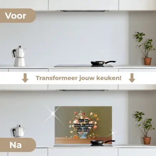 Bloem - Quote - Vintage - Art keuken achterwand spatscherm klein -voor_na_NL