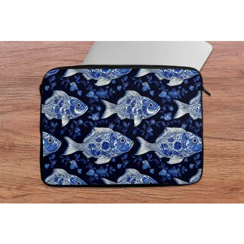 Vissen - Bloemen - Blauw laptophoes neopreen klein 279 -tafel