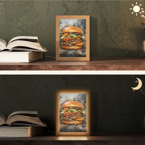 Burger - Eten - Kunst - Grijs - Graffiti Light Box met kabel (Tafellamp) klein -sfeer3