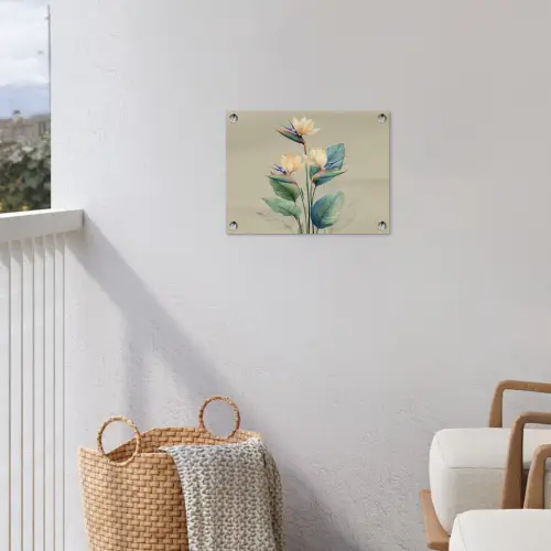 Paradijsvogelbloemen - Blauwgroene bladeren - Beige tuinposter los doek klein -sfeer8