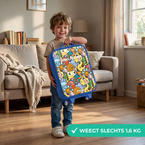 Cartoon van verschillende wezens en gezichten Kinderkoffer - Blauw klein -sfeer2_NL