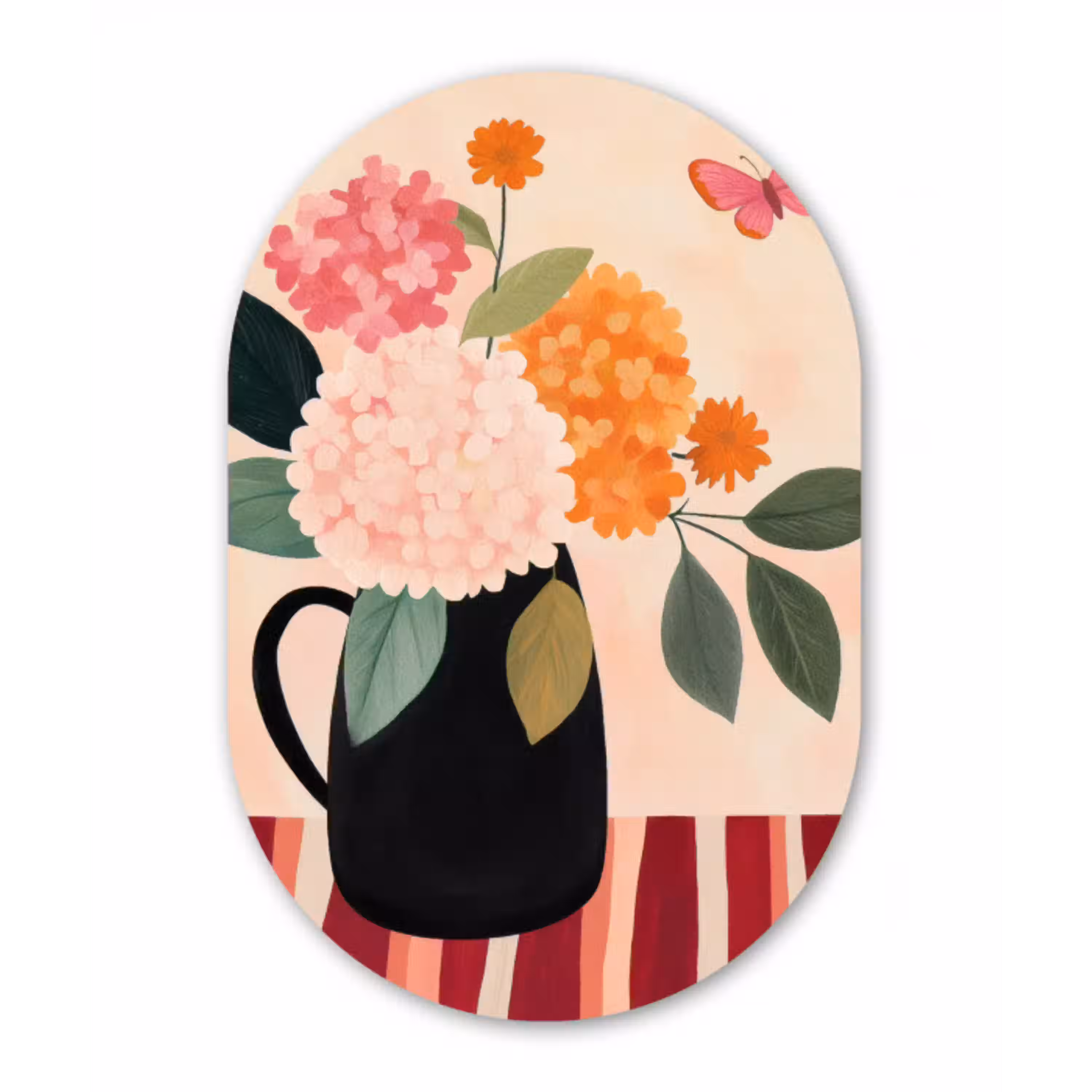 Vaas - Bloemen - Vlinder - Rood Wandcirkel Ovaal Glas middel -3d
