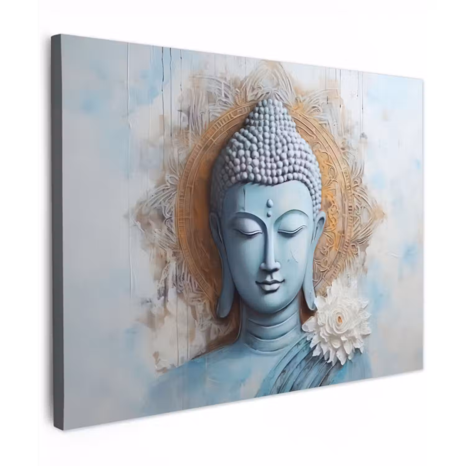 Canvas schilderij - Boeddha - Beeld - Blauw - Bruin - Bloem