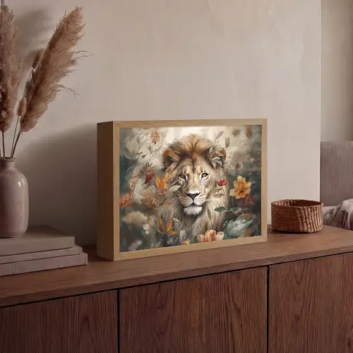 Leeuw - Wilde dieren - Planten - Natuur - Bloemen Light Box met batterij (Wandlamp) middel -sfeer2