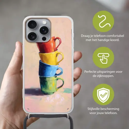 Mokken - Gestapeld - Keramiek - Kleurrijk Hoesje iPhone 16 Pro Max met koord klein -sfeer2_NL