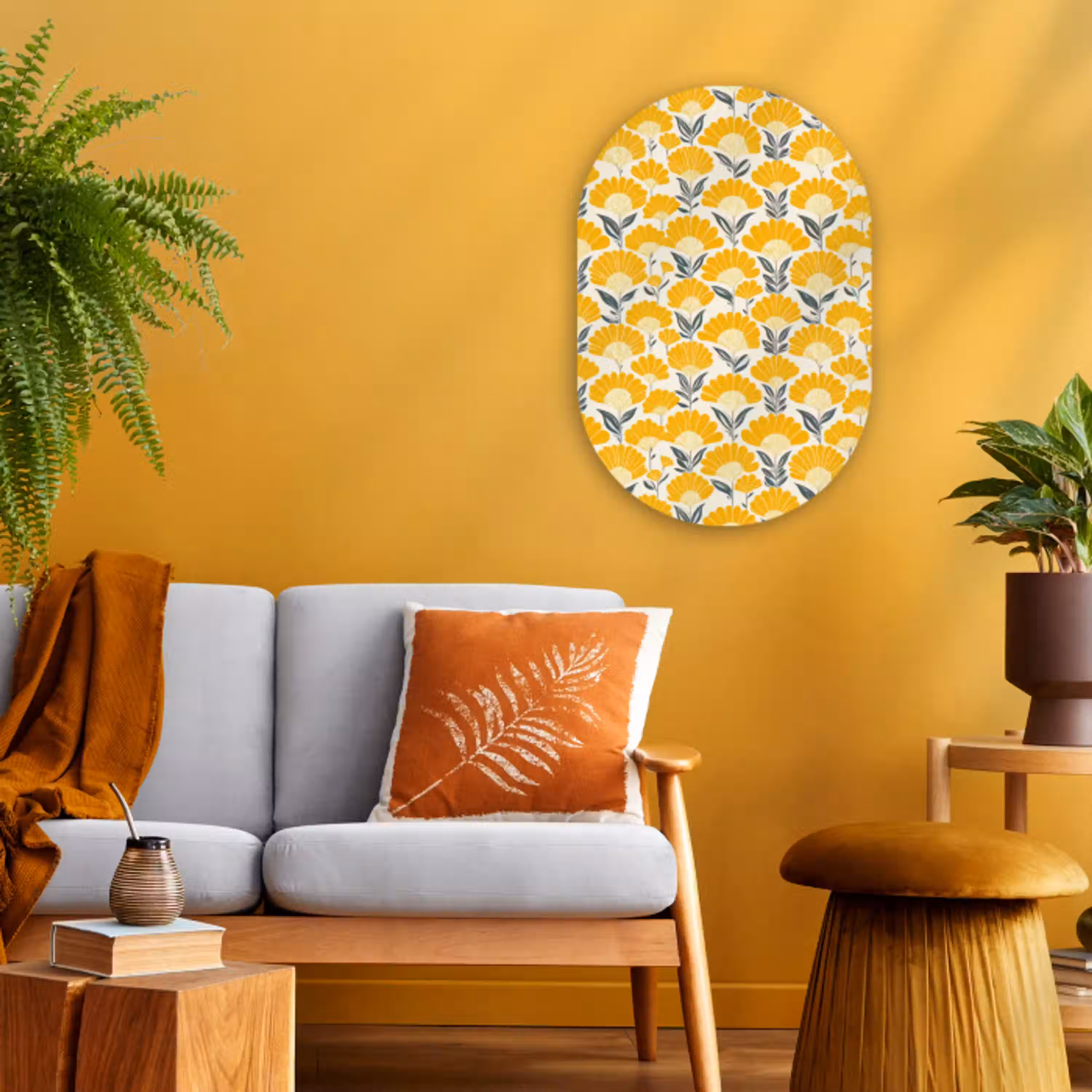 Bloemen - Retro - Botanisch - Okergeel - Grijs Wandcirkel Ovaal Forex klein 630 -sfeer4