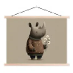 Neushoorn - Witte bloemen - Lief textielposter latten blank klein -3d