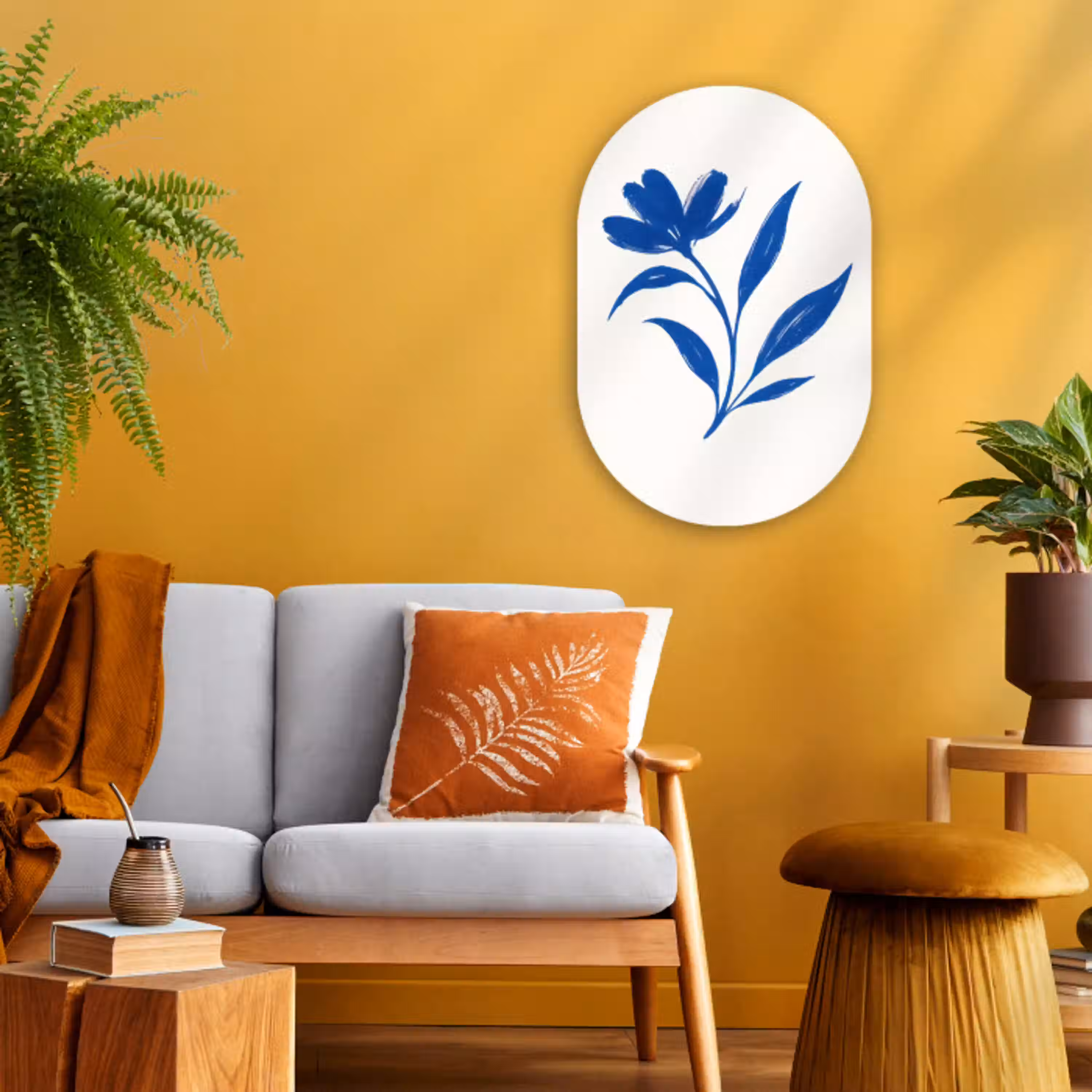 Bloem - Blaadjes - Minimalistisch - Blauw Wandcirkel Ovaal Forex klein -sfeer4