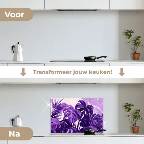 Bladeren - Paars - Tropisch - Abstract keuken achterwand spatscherm klein -voor_na_NL