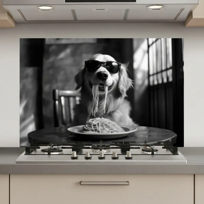 Golden Retriever - Hond - Vrolijk -  Bord spaghetti - Zwart - wit keuken achterwand spatscherm klein -3d_website