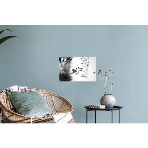 Eenden - Waterlelies - Riet - Zwart Muursticker klein -plant